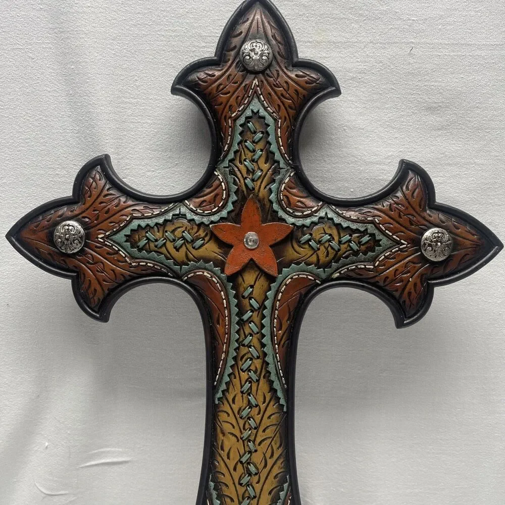 Western Rustic Resin Fleur De Lis Decorative Wall Cross Turquoise Brown 20